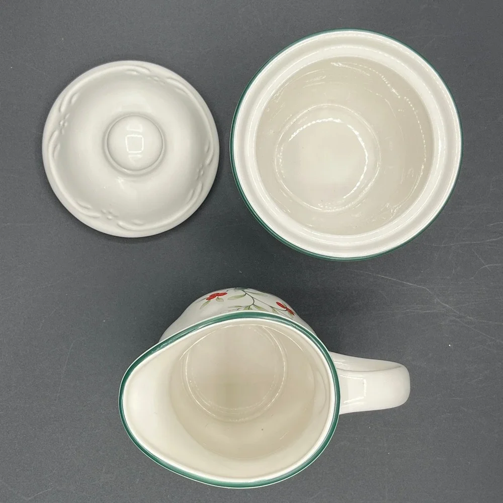 Pfaltzgraff Winterberry Cream and Sugar Set White Stoneware Holly Berry Holiday